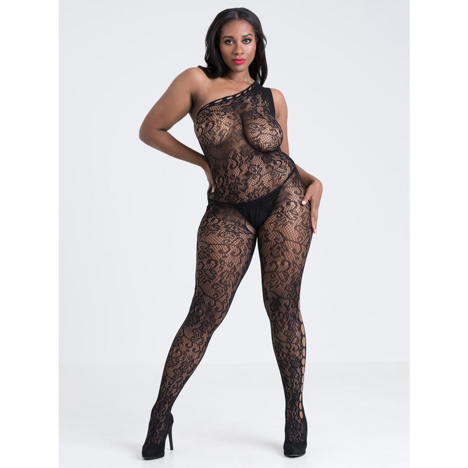 Lovehoney Plus Size Black Lace One-Shoulder Crotchless Bodystocking