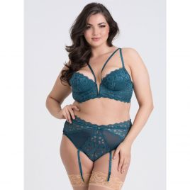 Lovehoney Plus Size Parisienne Teal Plunge Longline Bra and Crotchless Thong Set