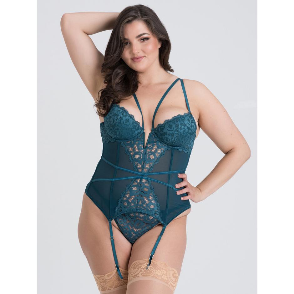 Lovehoney Plus Size Parisienne Teal Lace Plunge Basque Set