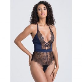 Lovehoney Dark Orchid Navy Satin and Lace Plunge Teddy