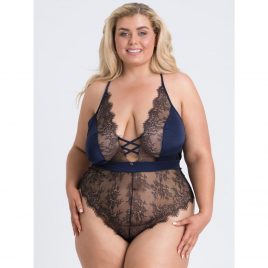 Lovehoney Plus Size Dark Orchid Navy Satin and Lace Plunge Teddy