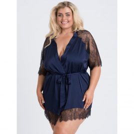 Lovehoney Plus Size Dark Orchid Navy Satin and Lace Robe