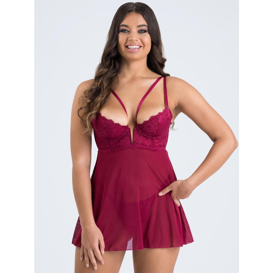 Lovehoney Parisienne Wine Lace Plunge Babydoll Set