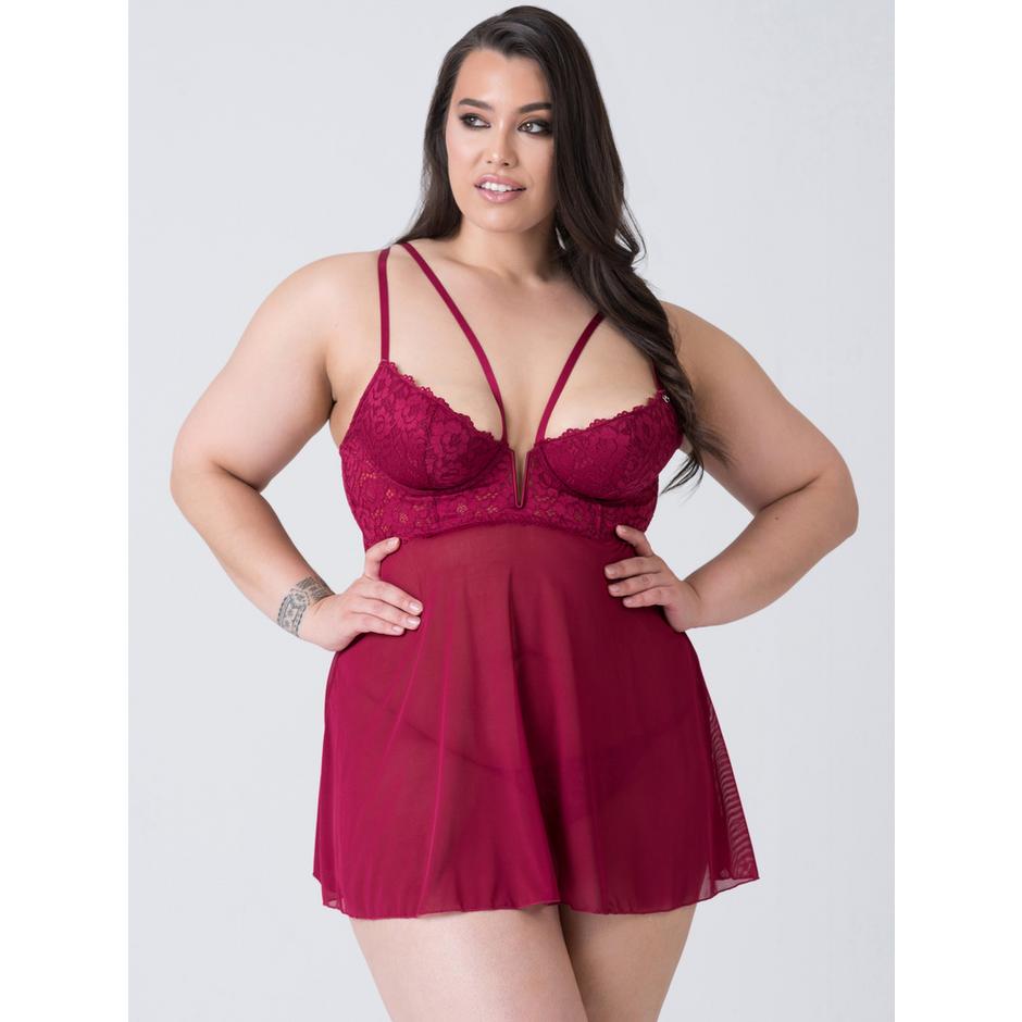 Lovehoney Plus Size Parisienne Wine Lace Plunge Babydoll Set