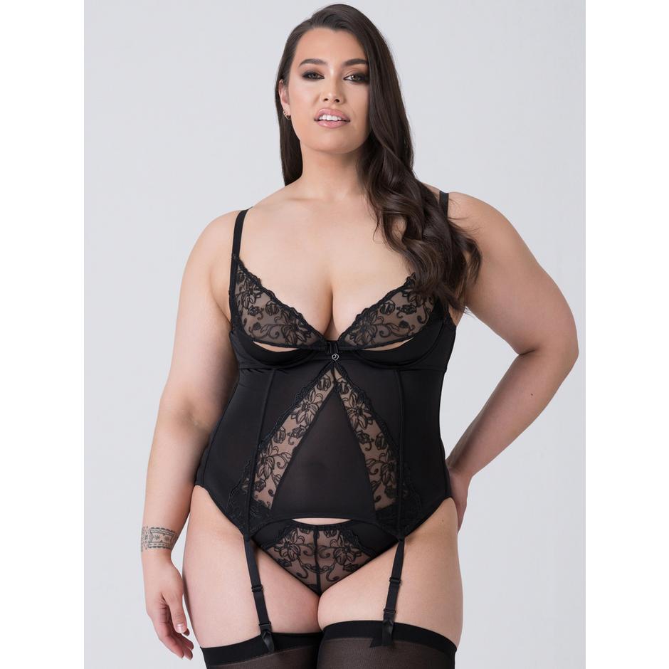 Lovehoney Plus Size Lotus Black Sheer Embroidered Basque Set