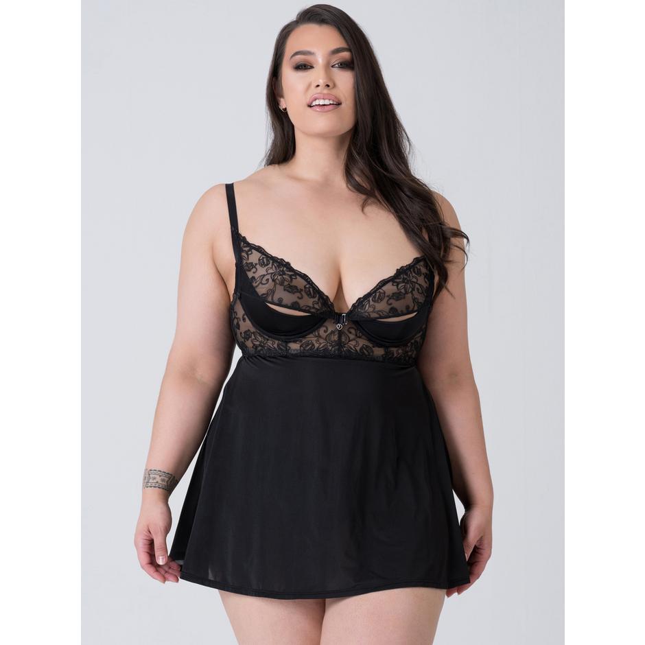 Lovehoney Plus Size Lotus Black Sheer Embroidered Chemise Set