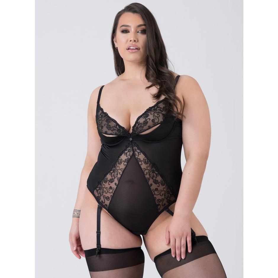 Lovehoney Plus Size Lotus Black Sheer Embroidered Teddy