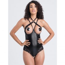 Lovehoney Fierce Romance Black Wet Look and Lace Open-Cup Teddy