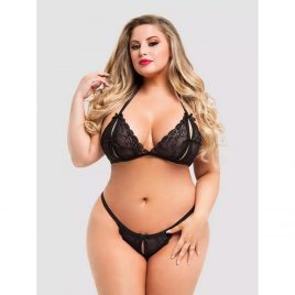 Lovehoney Plus Size Black Lace Peek-a-Boo Bra and Crotchless G-String Set