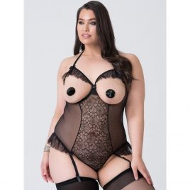 Lovehoney Plus Size Fleur Allure Black Lace Open-Cup Suspender Teddy