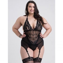 Lovehoney Plus Size Peek-a-Boo Black Lace Merry Widow Bustier Set