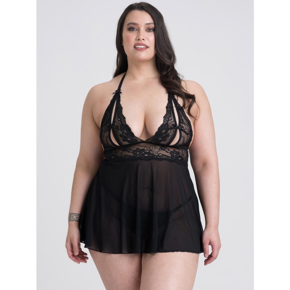 Lovehoney Plus Size Peek-a-Boo Black Lace Babydoll Set