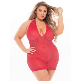 Pink Lipstick Plus Size Red Deep Plunge Halterneck Dress