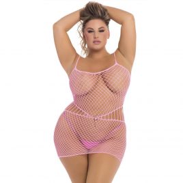 Pink Lipstick Plus Size Roll Up Pink Fishnet Mini Dress