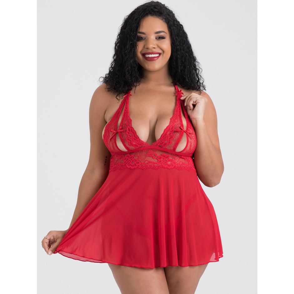 Lovehoney Plus Size Peek-a-Boo Red Lace Babydoll Set