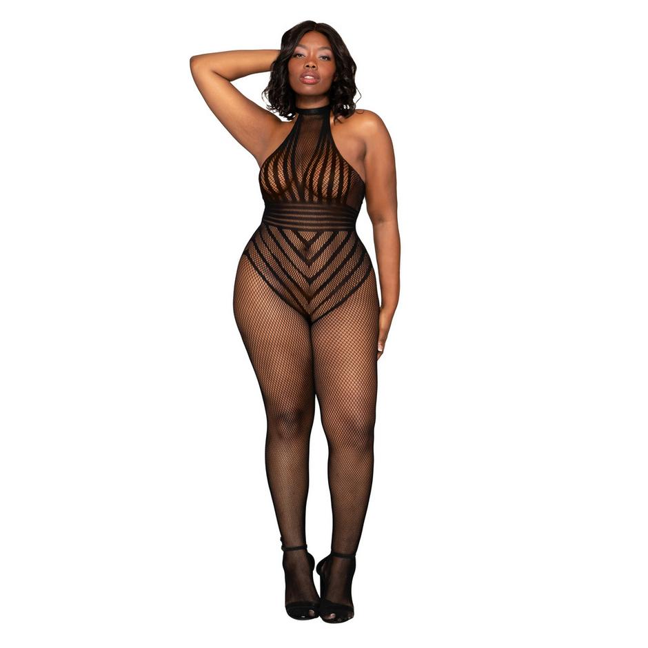 Dreamgirl Plus Size Crotchless Fishnet Striped Halterneck Bodystocking