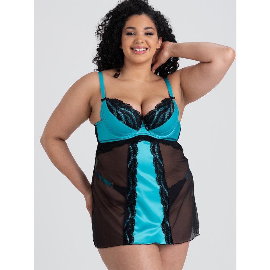 Lovehoney Plus Size Empress Blue Satin and Lace Chemise Set