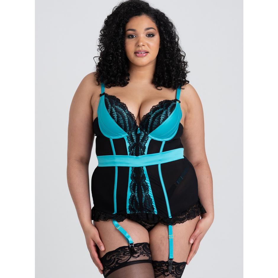 Lovehoney Plus Size Empress Blue Satin and Lace Basque Set