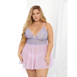 Escante Plus Size Pink Lace and Mesh Babydoll Set