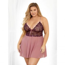 Escante Plus Size Plum Lace and Mesh Babydoll Set