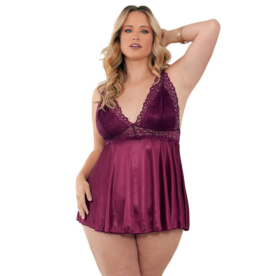 Escante Plus Size Desire Me Satin and Lace Babydoll Set