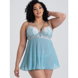 Lovehoney Plus Size Parisienne Luxe Soft Aqua Lace Plunge Babydoll Set