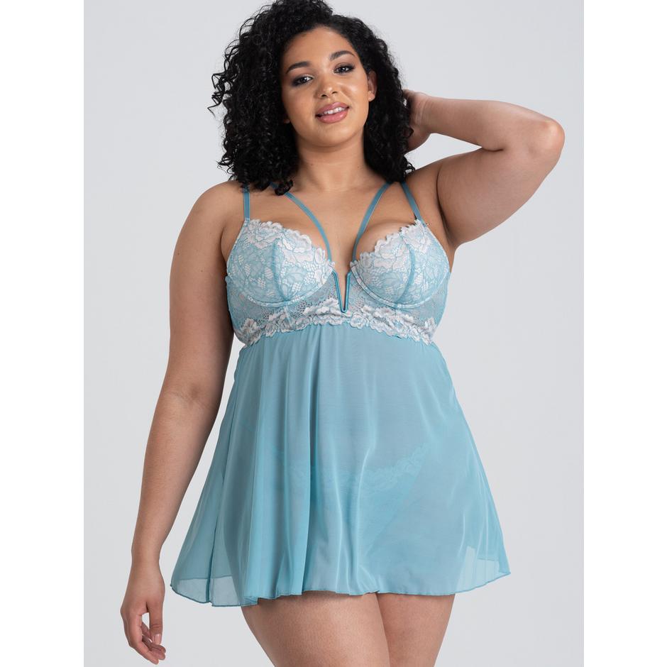 Lovehoney Plus Size Parisienne Luxe Soft Aqua Lace Plunge Babydoll Set