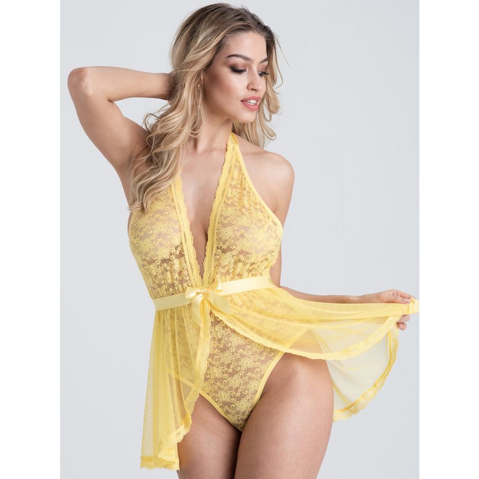 Lovehoney Peony Yellow Sheer Mesh and Lace Crotchless Teddy