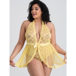 Lovehoney Plus Size Peony Yellow Sheer Mesh and Lace Crotchless Teddy