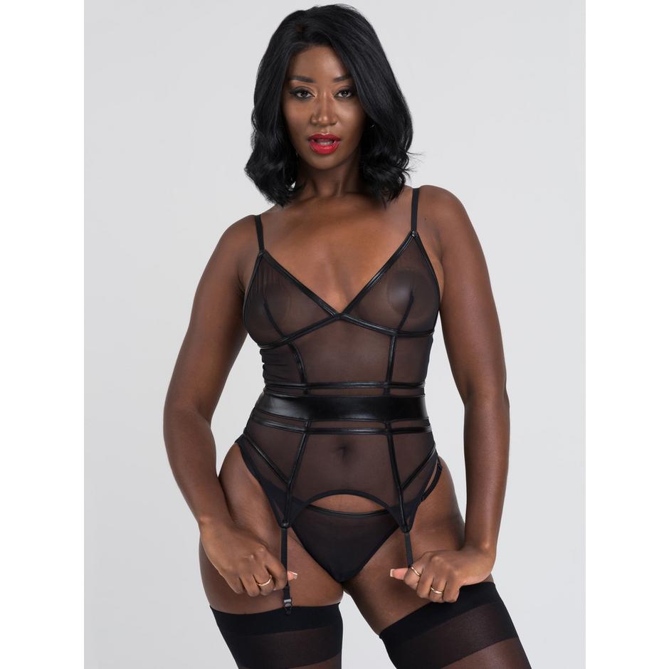 Lovehoney Fierce Wet Look and Mesh Paneled Black Bustier Set