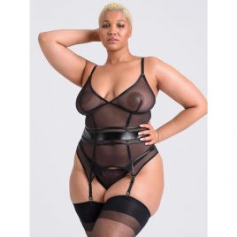 Lovehoney Plus Size Fierce Wet Look and Mesh Paneled Black Bustier Set