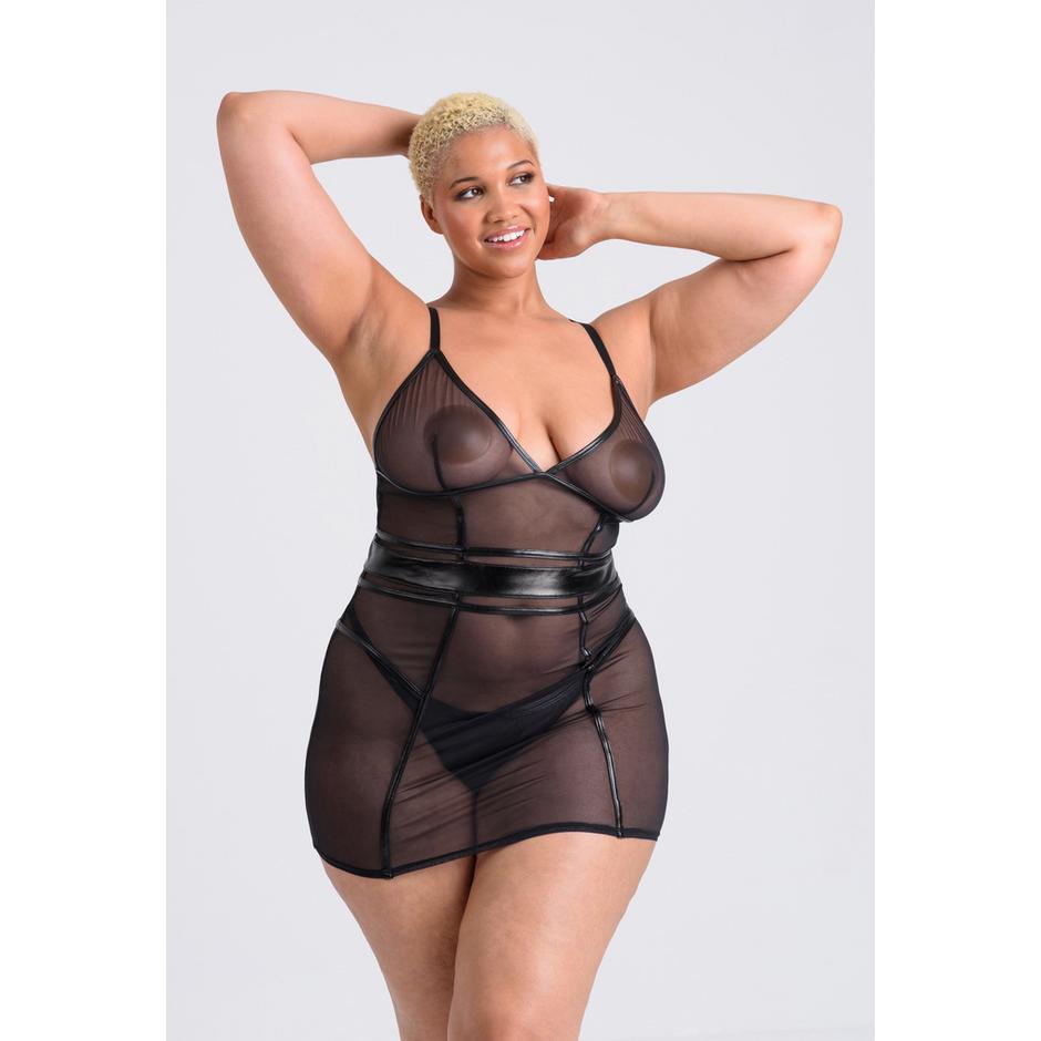 Lovehoney Plus Size Fierce Wet Look and Mesh Paneled Black Mini Dress Set