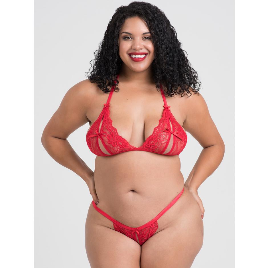 Lovehoney Plus Size Red Peek-a-Boo Bra and Crotchless G-String Set