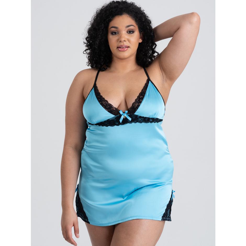 Lovehoney Plus Size Turquoise Satin and Lace Chemise Set