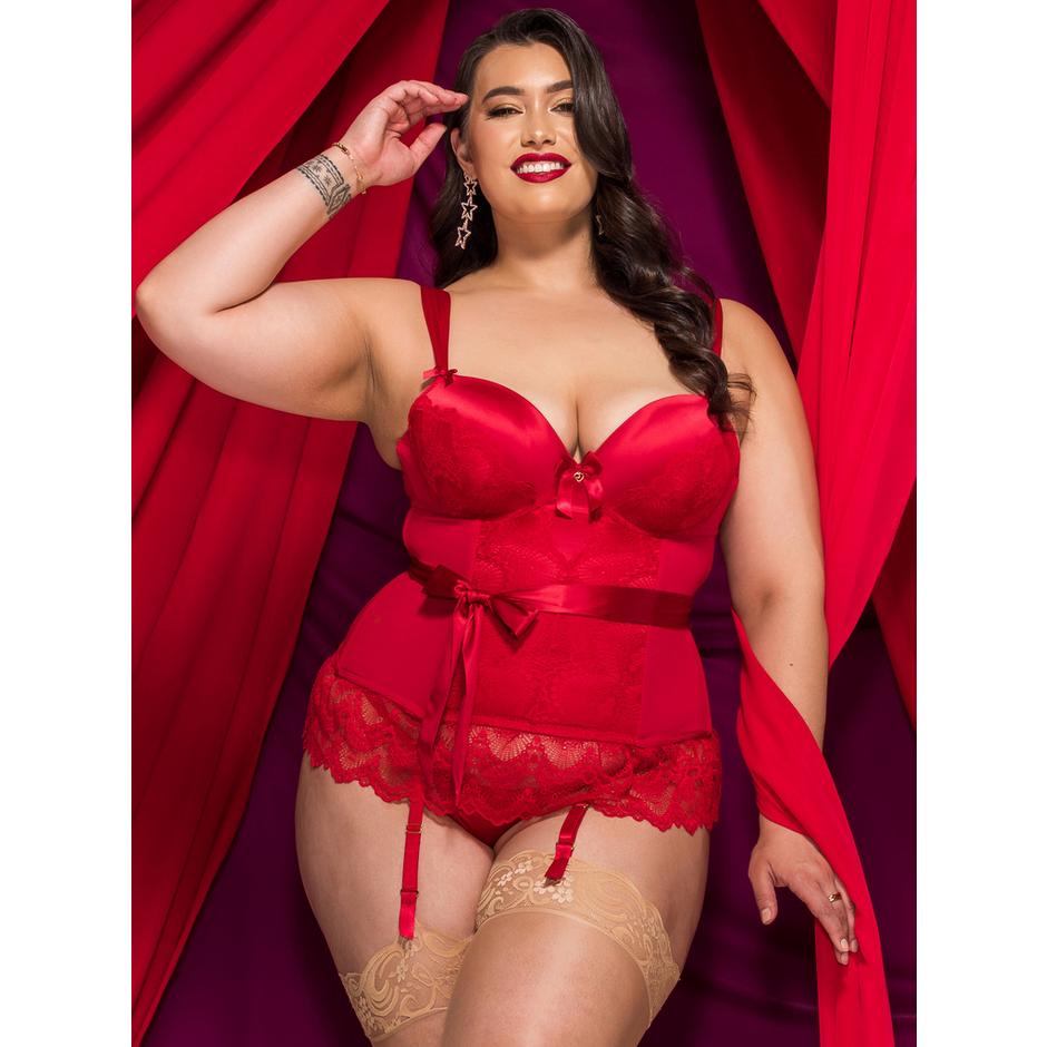 Lovehoney Plus Size Moonlight Desire Red Satin Crotchless Basque Set