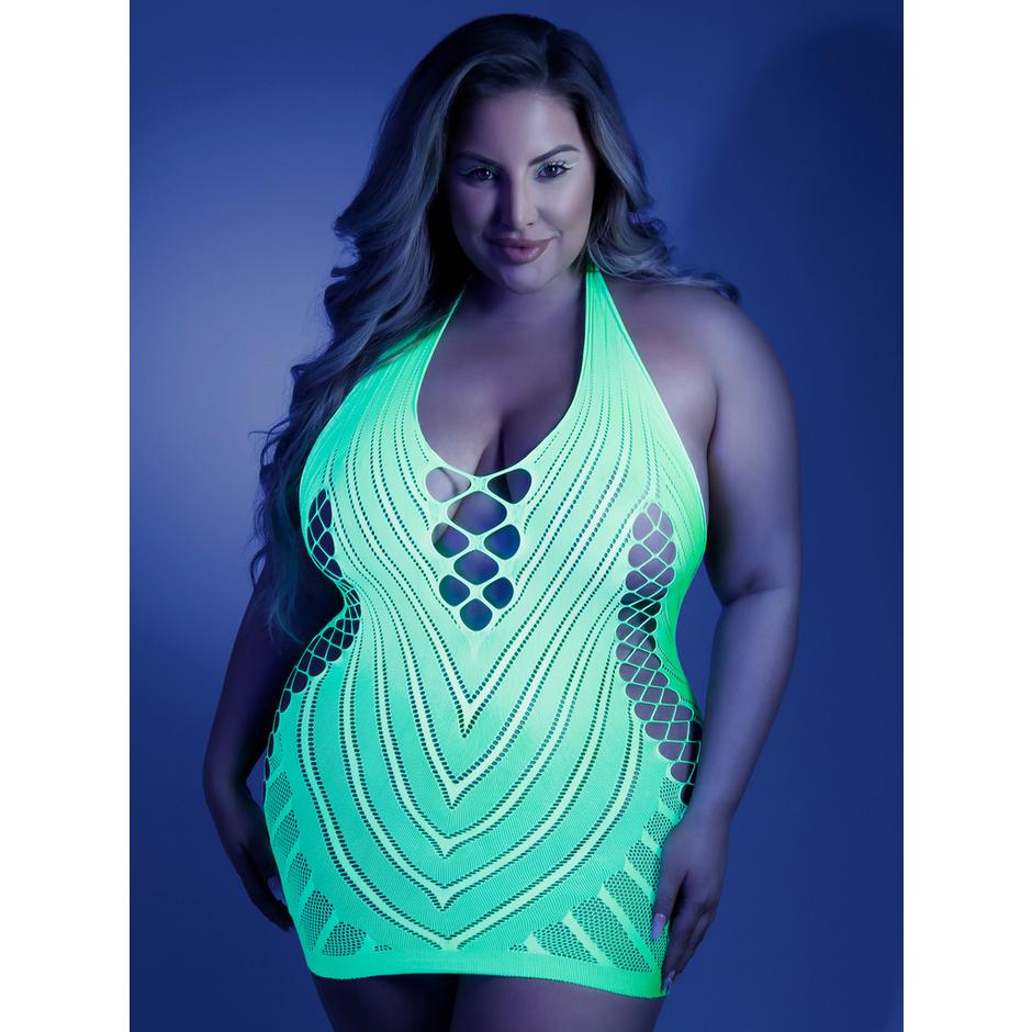 Fantasy Lingerie Plus Size Glow Neon Green Halterneck Mini Dress