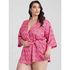 Lovehoney Plus Size Pink Heart and Leopard Print Satin Robe