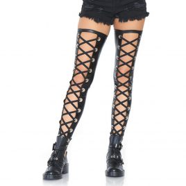 Leg Avenue Black Wet Look Footless Lace-Up Thigh Hold-Ups