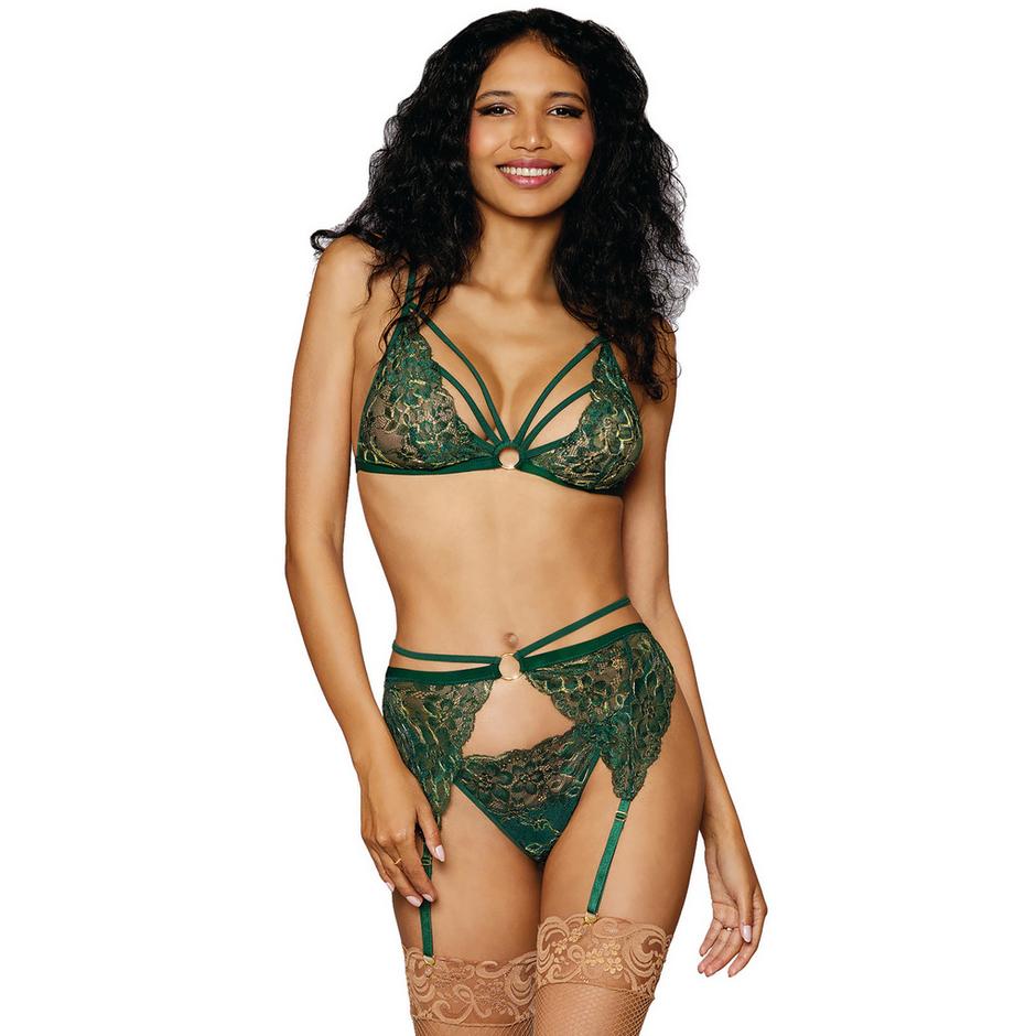 Dreamgirl Green Metallic Lace Bralette and Garter Set