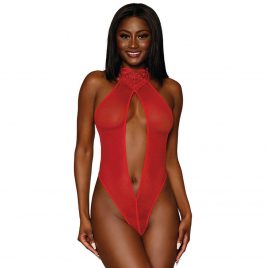 Dreamgirl Red Fishnet and Heart Trim Crotchless Pearl Thong Teddy
