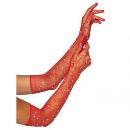 Leg Avenue Red Fishnet Rhinestone Gloves