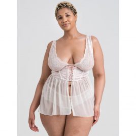 Lovehoney Plus Size Vintage Romance Sheer Ivory Lace Babydoll and Corset Set