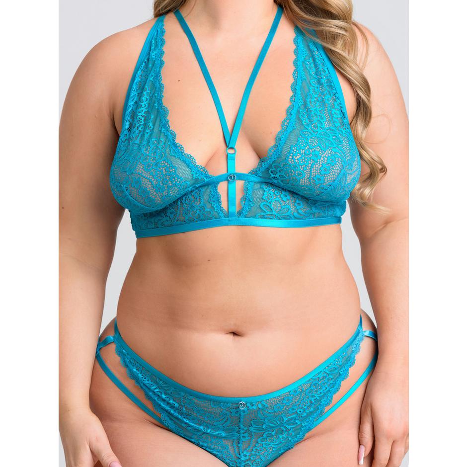 Lovehoney Plus Size Late Night Liaison Ocean Blue Crotchless Lace Bra Set