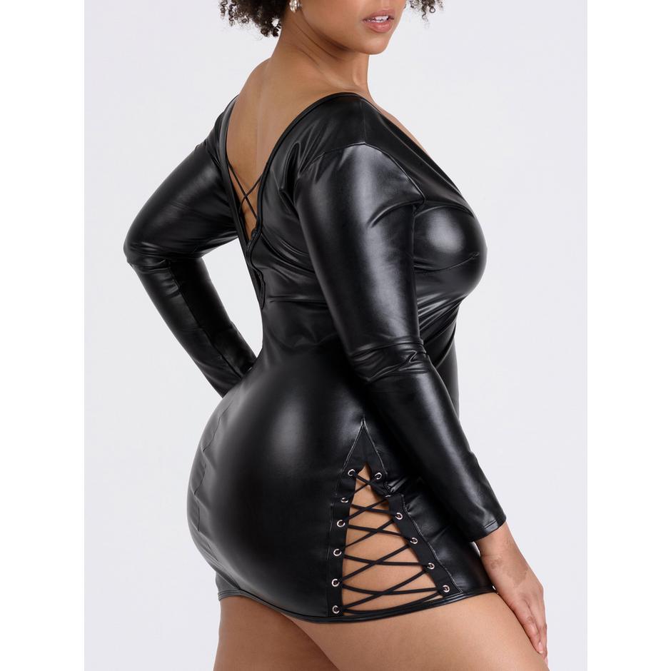 Lovehoney Plus Size Fierce Leather Look Lace-Up Black Long Sleeve Dress