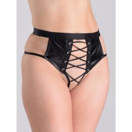 Lovehoney Fierce Leather Look Lace-Up Black Crotchless Thong