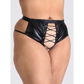 Lovehoney Plus Size Fierce Leather Look Lace-Up Black Crotchless Thong