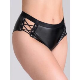 Lovehoney Fierce Leather Look Lace-Up Black Crotchless Open-Back Panties